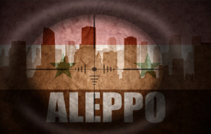 sniper scope aimed at the abstract silhouette of the city with text Aleppo at the vintage syrian flag. concept